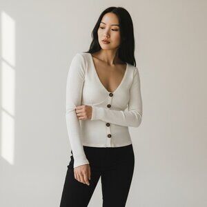 Reformation White Ribbed Long Sleeve Top, M